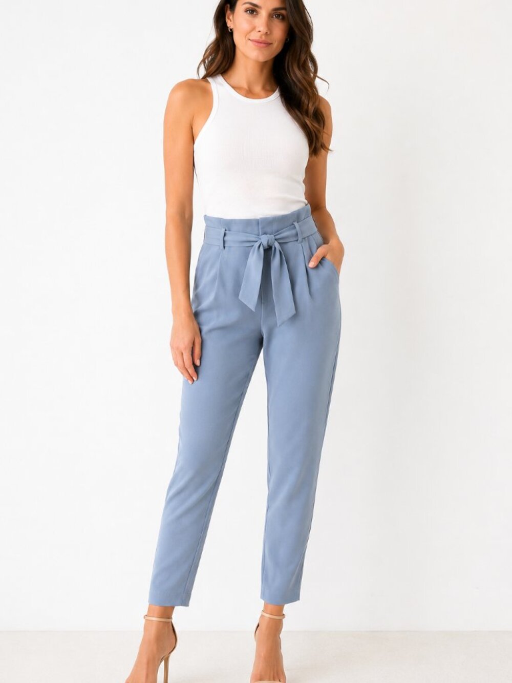 Athleta Skyline Pant II Womens 4 Periwinkle Blue Paperbag Waist Tie Belt Crop
